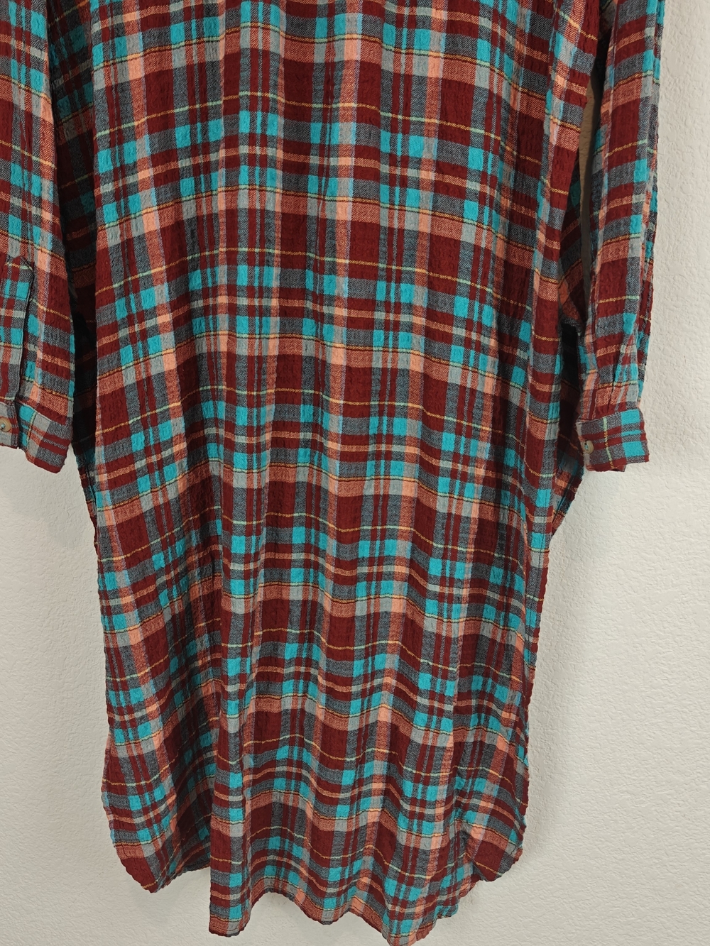 Pilcro Long Plaid Button-Down Shirt Dress in Burgundy and Teal - Picture 14 of 16
